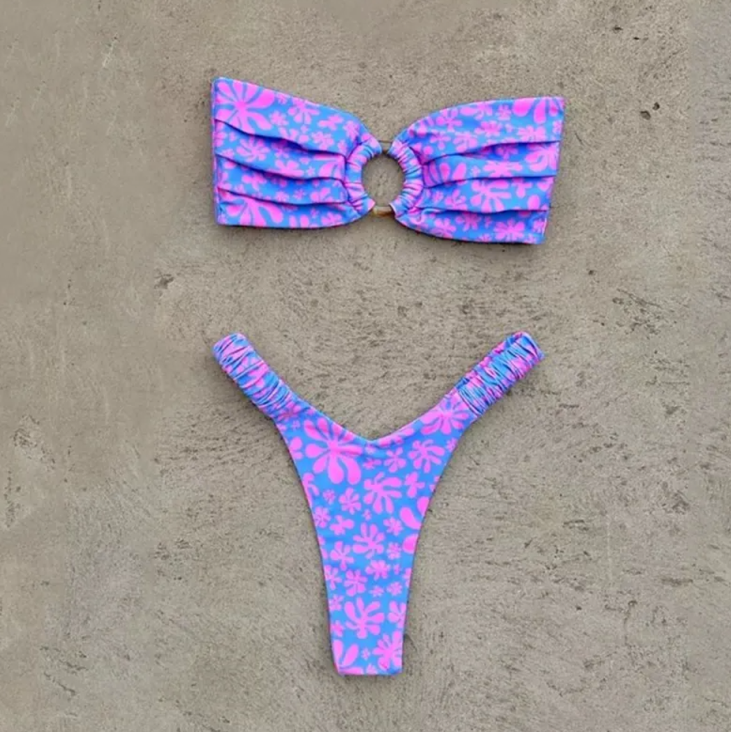 Women's Printed Pleated Bikini — Floral Two-Piece Swimsuit