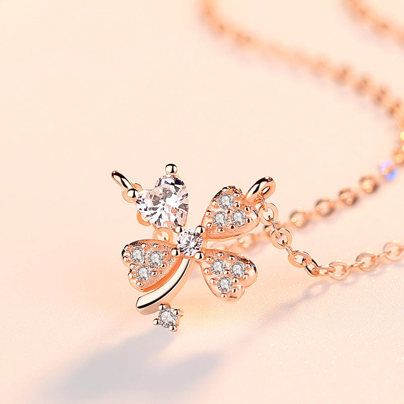 Diamond-Studded Four-Leaf Clover Silver Necklace