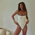 Women's Patchwork One-Piece Swimsuit — Quick-Dry, Adjustable Straps in Beige & Black