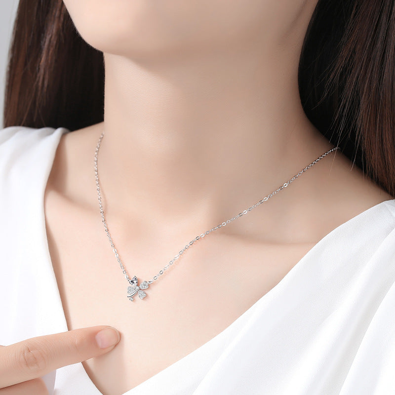 Diamond-Studded Four-Leaf Clover Silver Necklace