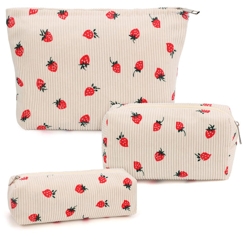 3-Piece Checkered Makeup Bag Set — Travel Cosmetic Organiser for Women (Strawberry Beige)