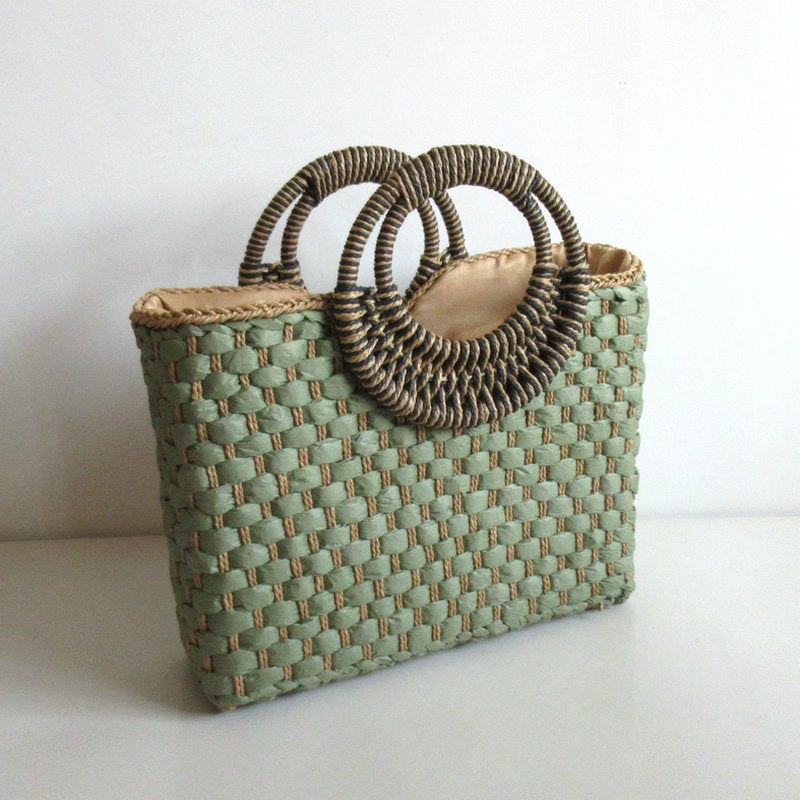 Women's Square Woven Floral Straw Beach Bag — Boho Handbag