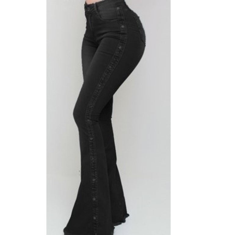 High Waist Stretch Denim Flared Pants — Dam