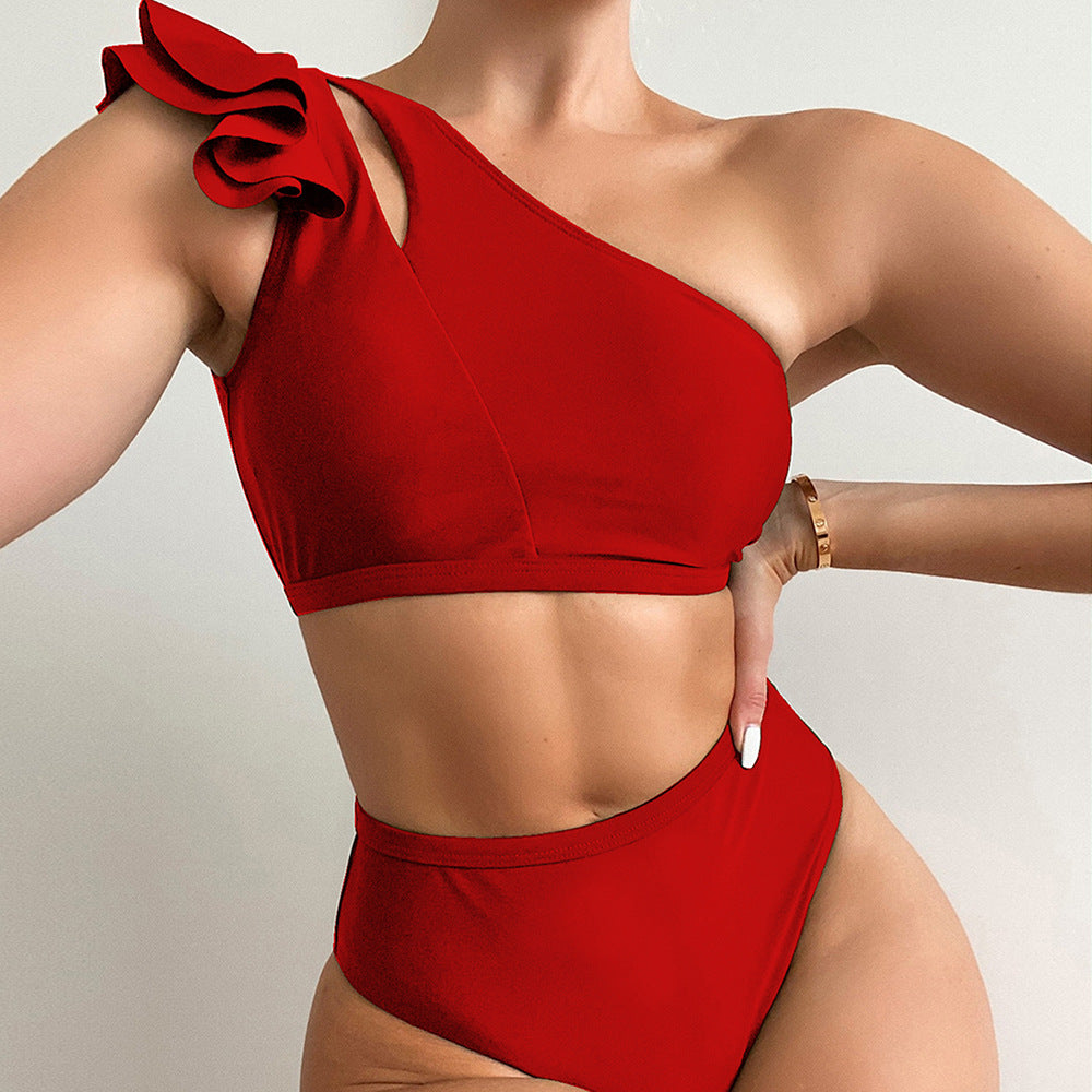 Women's One-Shoulder Ruffle Bikini — High Waist Backless Swimsuit in 6 Colours