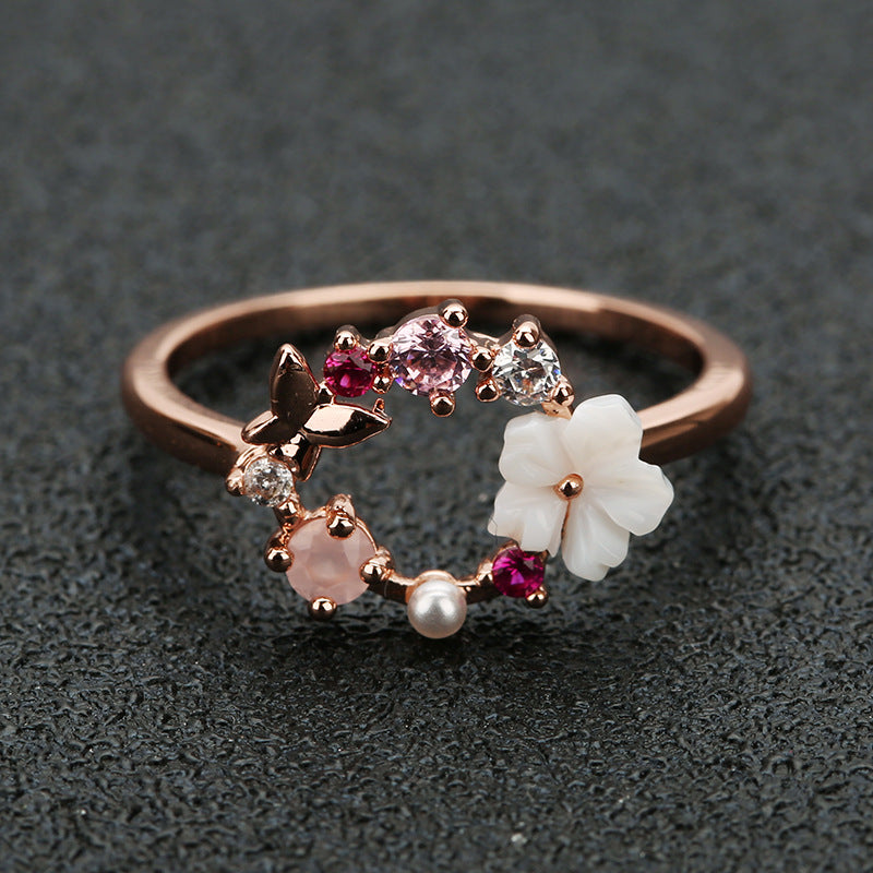 Women's Butterfly Flower Rose Gold Ring — Electroplated Copper Statement Ring