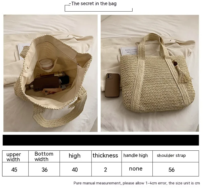Women's Straw Shoulder Bag — Paper String Beach Tote with Mahogany Pendant