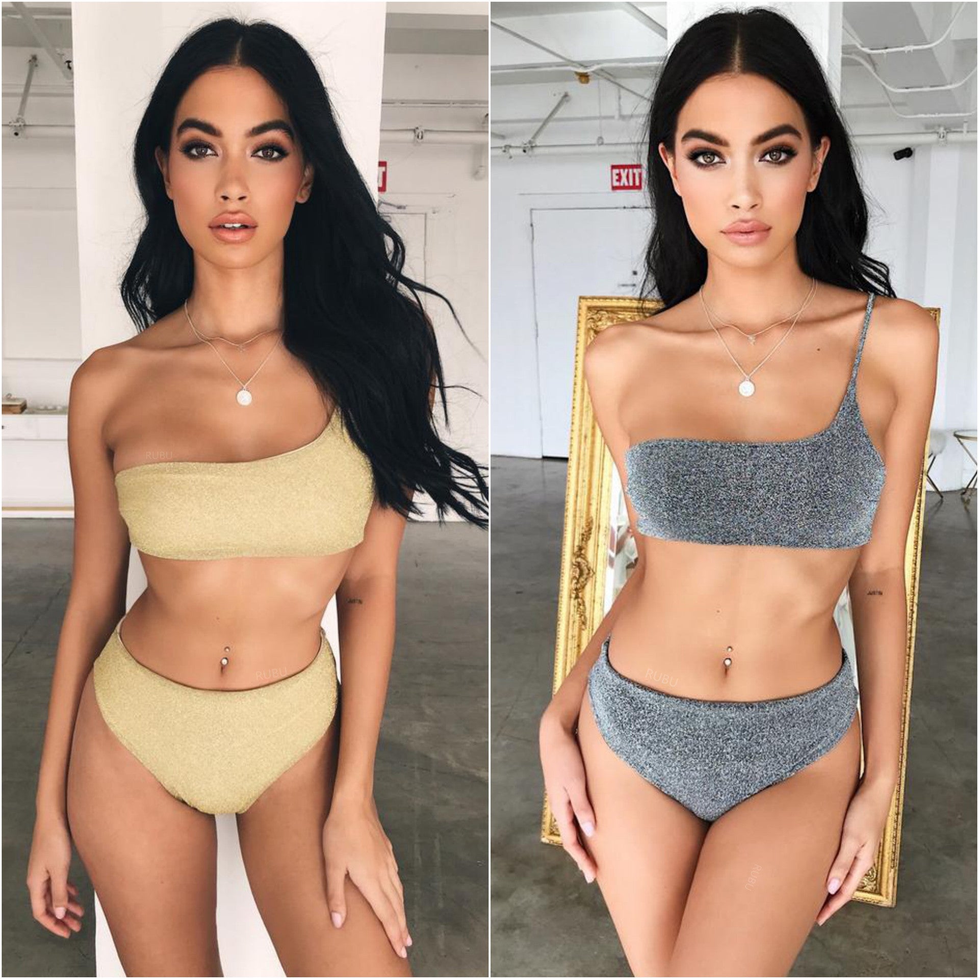 Women's One-Shoulder Metallic Bikini Swimsuit — Glamorous Beach Look