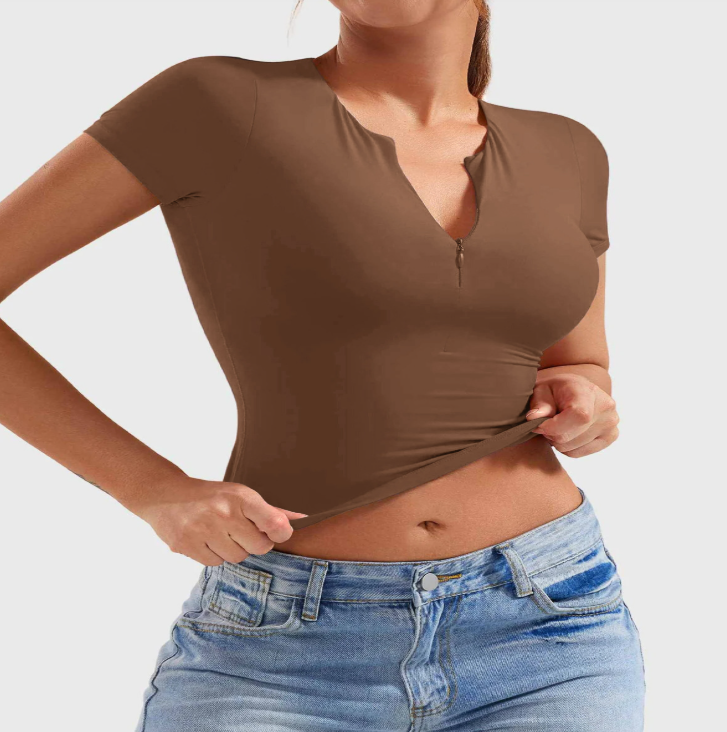 Women's Slim Fit Half-Zip Yoga Shirt — Short Sleeve Activewear Top