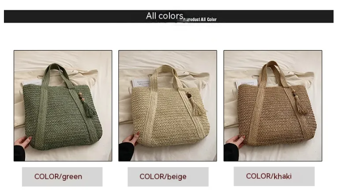 Women's Straw Shoulder Bag — Paper String Beach Tote with Mahogany Pendant