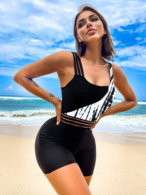 One Shoulder High-Waist Patchwork Swimsuit — Stylish Two-Piece Look