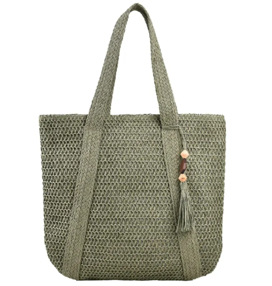 Women's Straw Shoulder Bag — Paper String Beach Tote with Mahogany Pendant