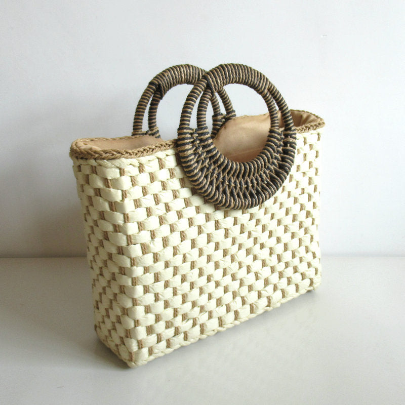 Women's Square Woven Floral Straw Beach Bag — Boho Handbag