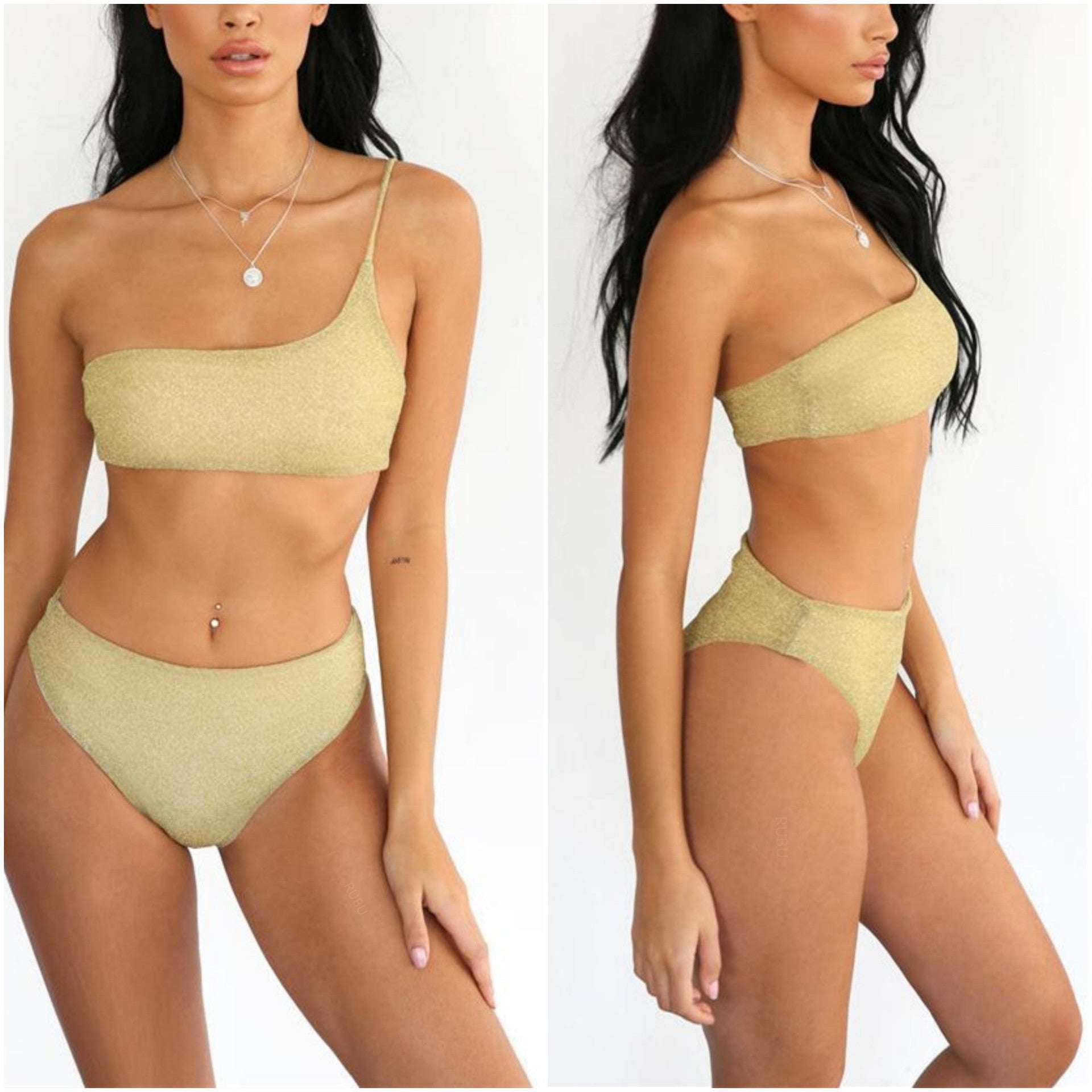 Women's One-Shoulder Metallic Bikini Swimsuit — Glamorous Beach Look