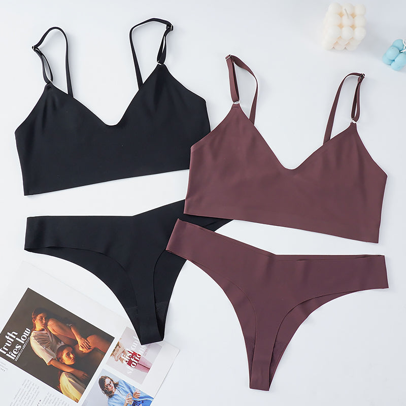 Women's Seamless Ice Silk Lingerie Set — Wire-Free Bralette & Thong