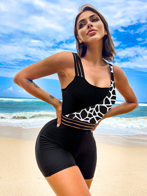 One Shoulder High-Waist Patchwork Swimsuit — Stylish Two-Piece Look