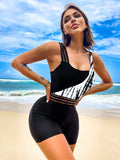One Shoulder High-Waist Patchwork Swimsuit — Stylish Two-Piece Look