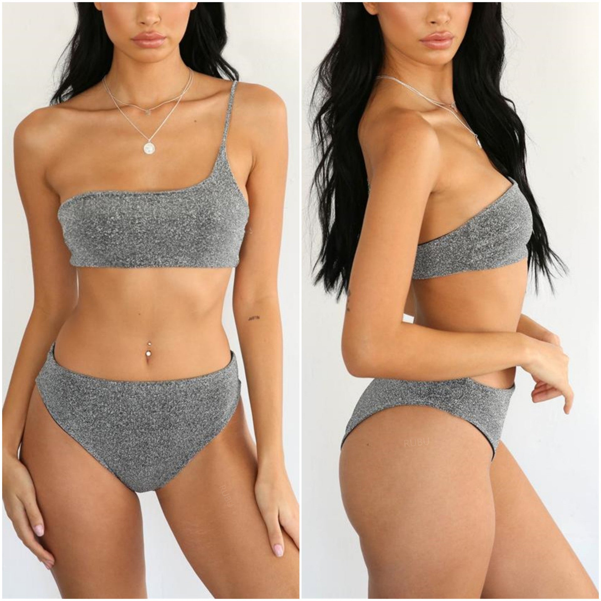 Women's One-Shoulder Metallic Bikini Swimsuit — Glamorous Beach Look