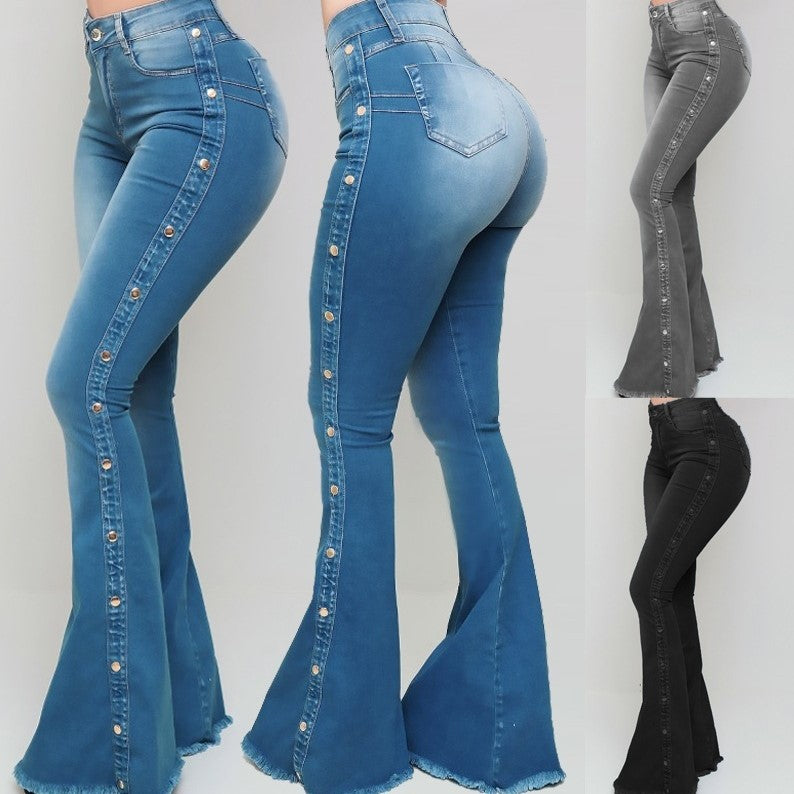 High Waist Stretch Denim Flared Pants — Dam