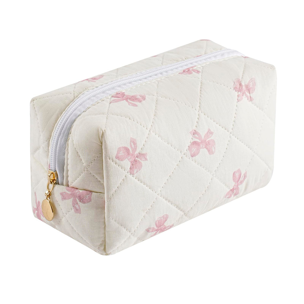 Cute Floral Quilted Cotton Makeup Bag — Travel Cosmetic Pouch (Small Red Bowknot)