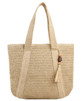 Women's Straw Shoulder Bag — Paper String Beach Tote with Mahogany Pendant