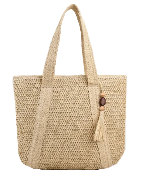 Women's Straw Shoulder Bag — Paper String Beach Tote with Mahogany Pendant