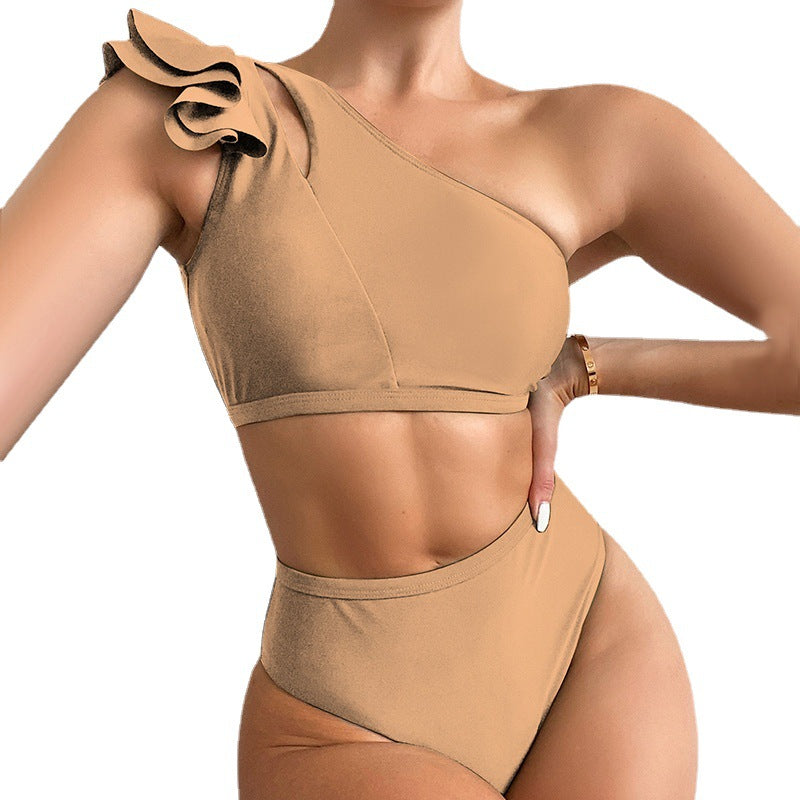 Women's One-Shoulder Ruffle Bikini — High Waist Backless Swimsuit in 6 Colours