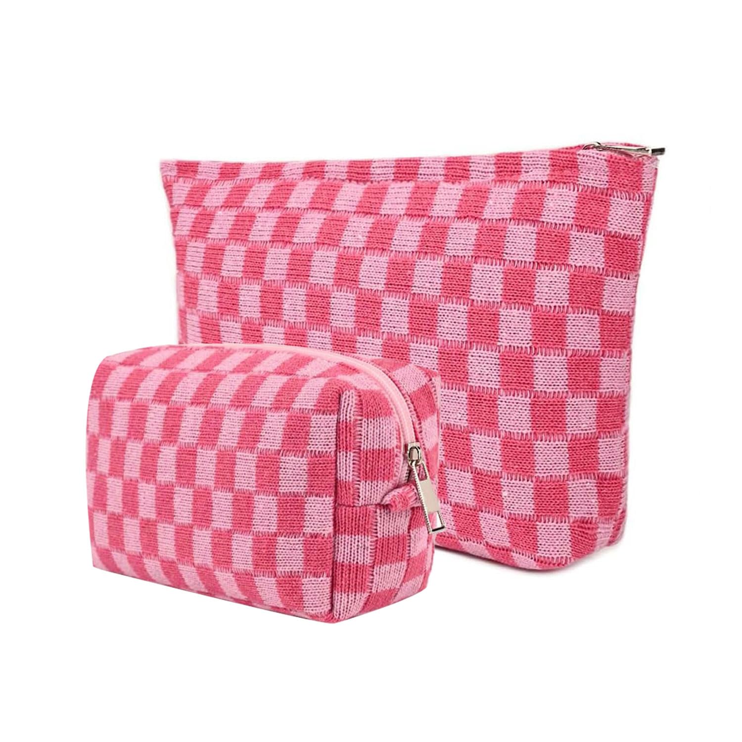2-Piece Checkered Cosmetic Bag Set for Women — Travel Makeup Pouch