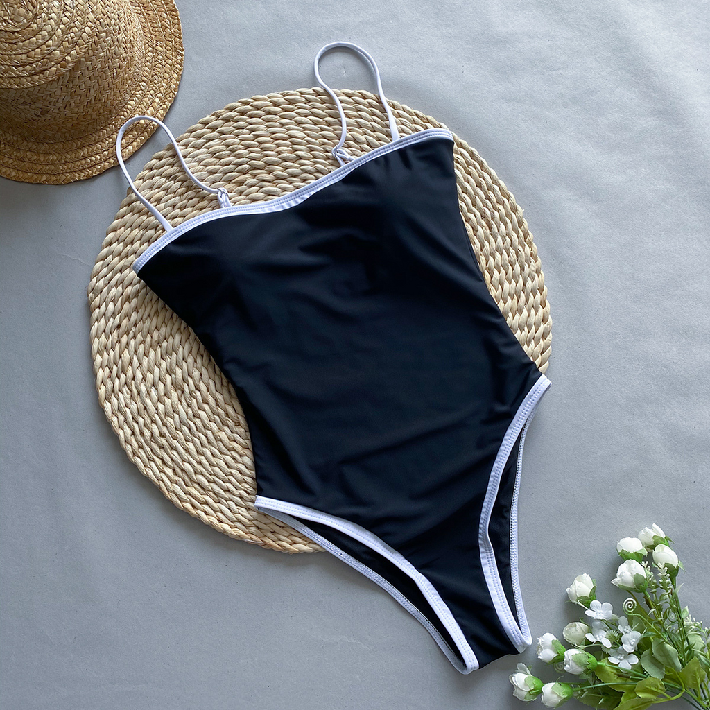 Women's Patchwork One-Piece Swimsuit — Quick-Dry, Adjustable Straps in Beige & Black