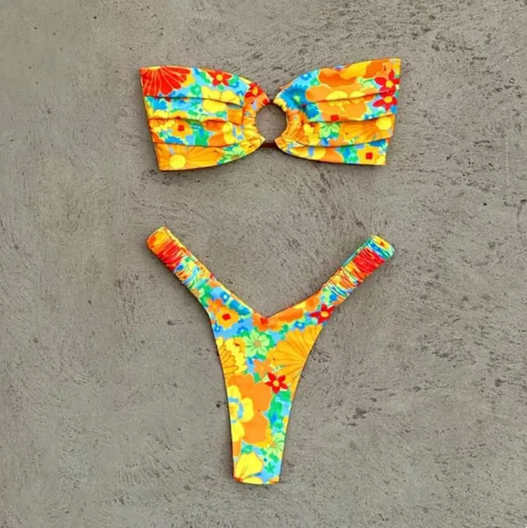 Women's Printed Pleated Bikini — Floral Two-Piece Swimsuit