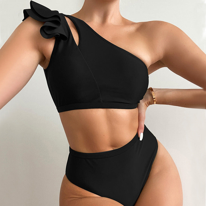 Women's One-Shoulder Ruffle Bikini — High Waist Backless Swimsuit in 6 Colours