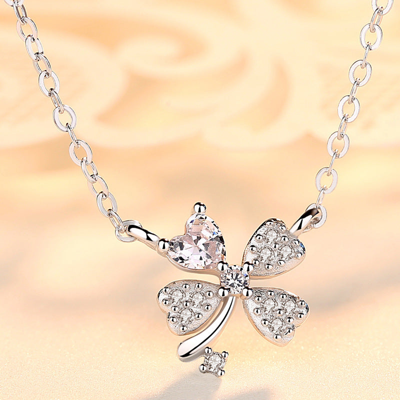 Diamond-Studded Four-Leaf Clover Silver Necklace