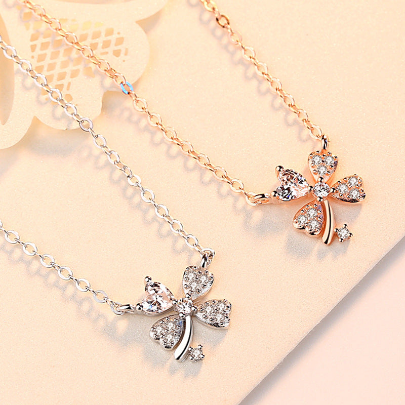Diamond-Studded Four-Leaf Clover Silver Necklace