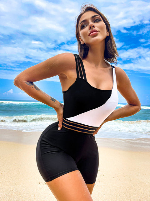 One Shoulder High-Waist Patchwork Swimsuit — Stylish Two-Piece Look