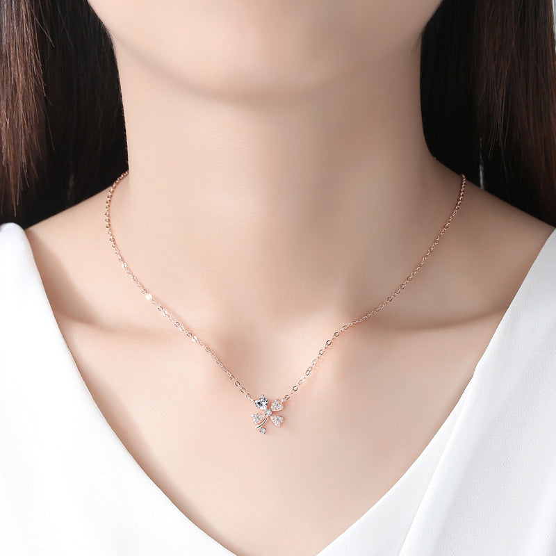 Diamond-Studded Four-Leaf Clover Silver Necklace