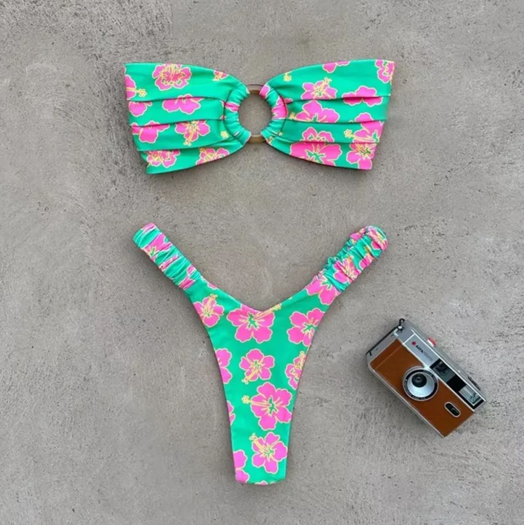 Women's Printed Pleated Bikini — Floral Two-Piece Swimsuit