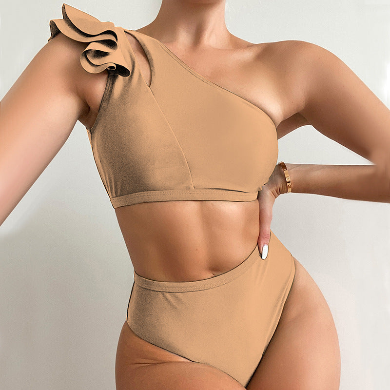 Women's One-Shoulder Ruffle Bikini — High Waist Backless Swimsuit in 6 Colours
