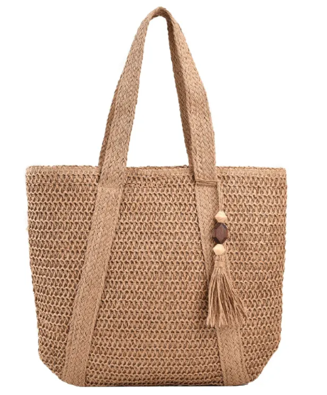 Women's Straw Shoulder Bag — Paper String Beach Tote with Mahogany Pendant