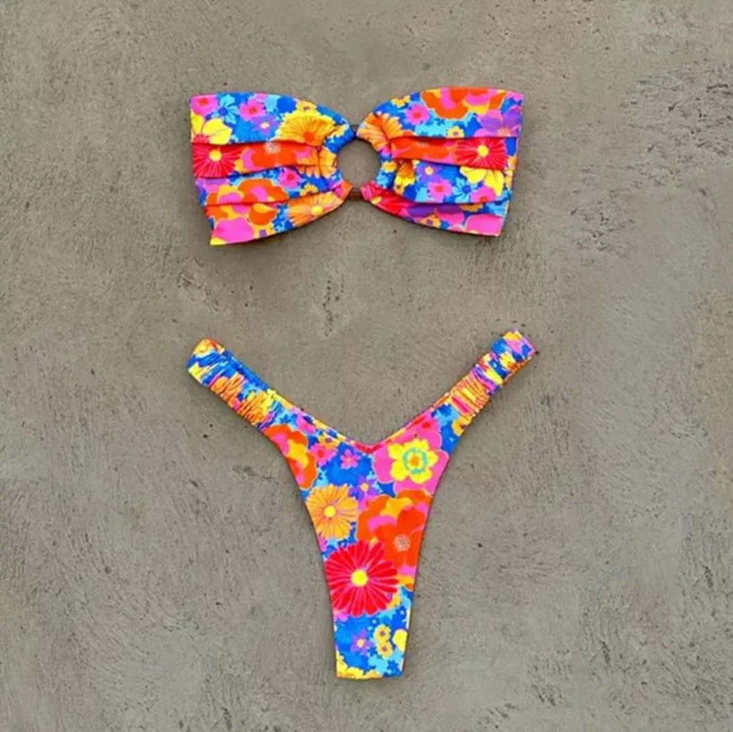 Women's Printed Pleated Bikini — Floral Two-Piece Swimsuit