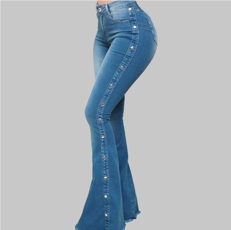 High Waist Stretch Denim Flared Pants — Dam