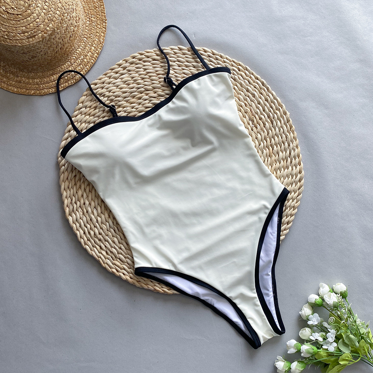 Women's Patchwork One-Piece Swimsuit — Quick-Dry, Adjustable Straps in Beige & Black