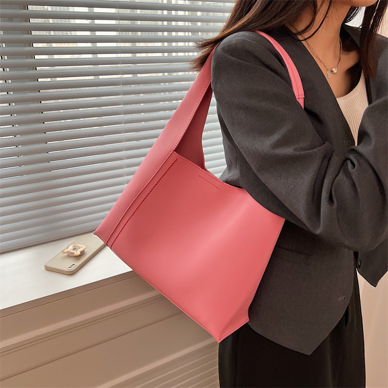 Women's PU Leather Bucket Shoulder Bag — Casual Tote with Zip Compartment in 5 Colours