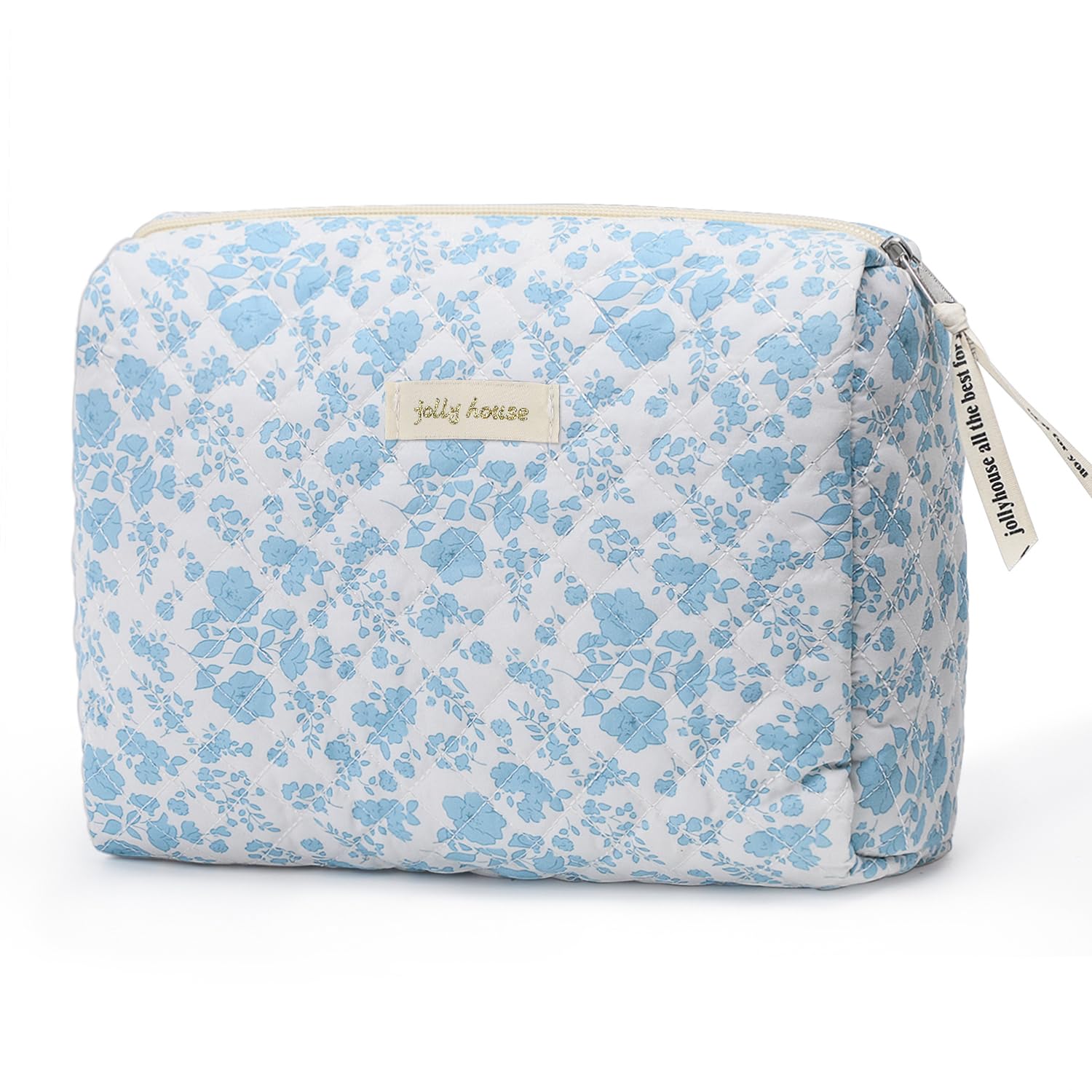 Kawaii Floral Quilted Cotton Makeup Bag — Large Travel Cosmetic Pouch (Cerulean Blue)