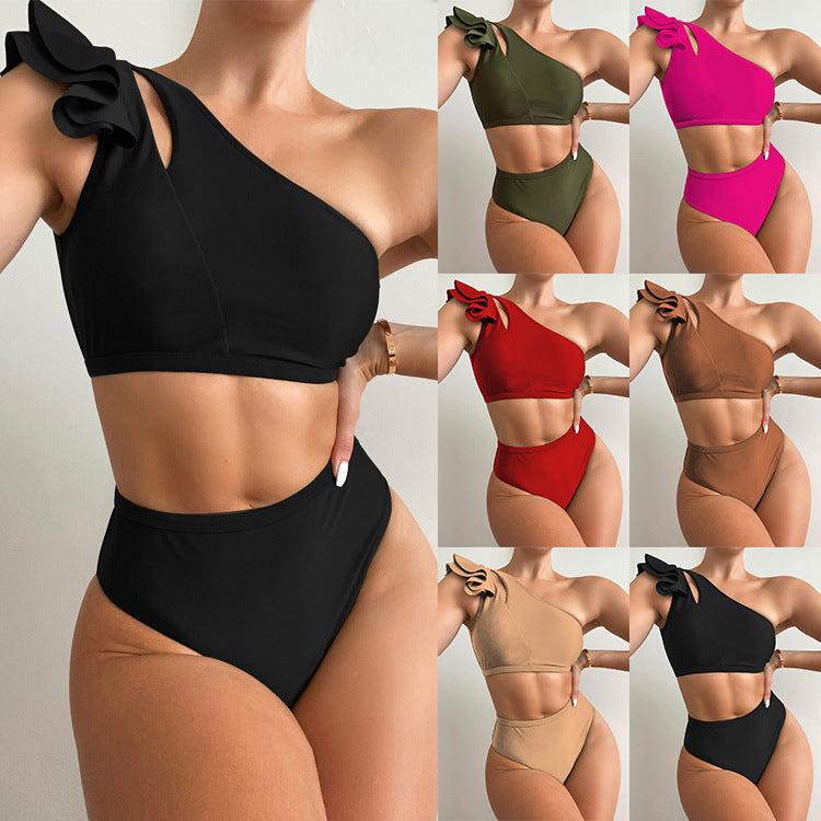Women's One-Shoulder Ruffle Bikini — High Waist Backless Swimsuit in 6 Colours