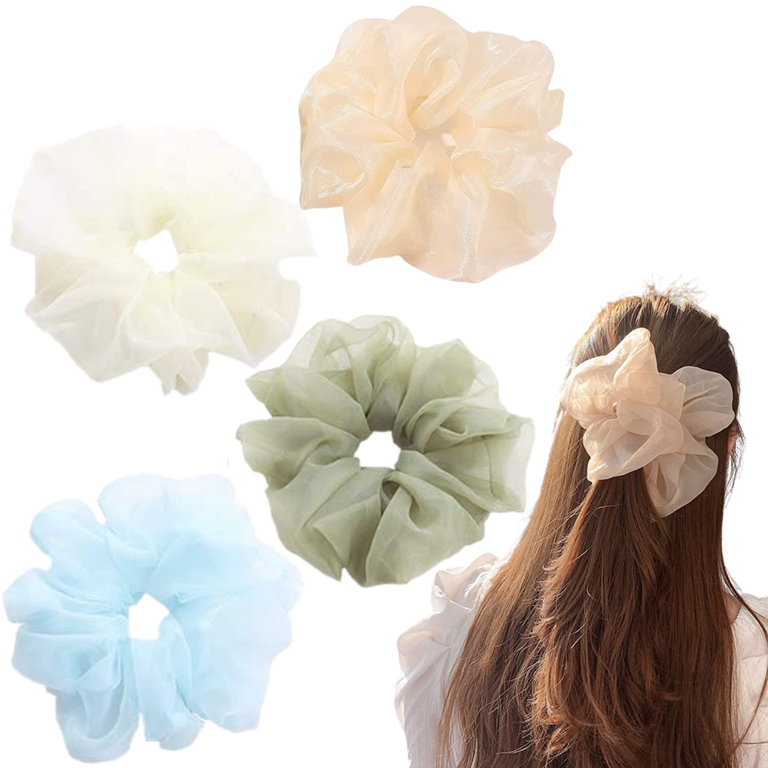 Oversized Chiffon Scrunchies — Jumbo Organza Hair Ties, 4-Pack (Style 6)