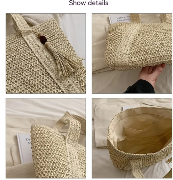 Women's Straw Shoulder Bag — Paper String Beach Tote with Mahogany Pendant